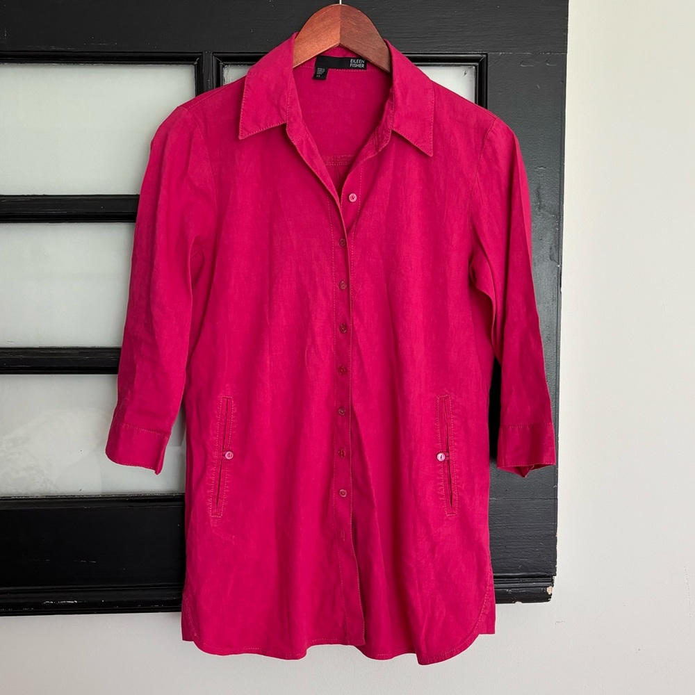 Eileen Fisher Italian Linen Collared Button Up Shirt 3/4 Sleeve XS Relaxed Fit